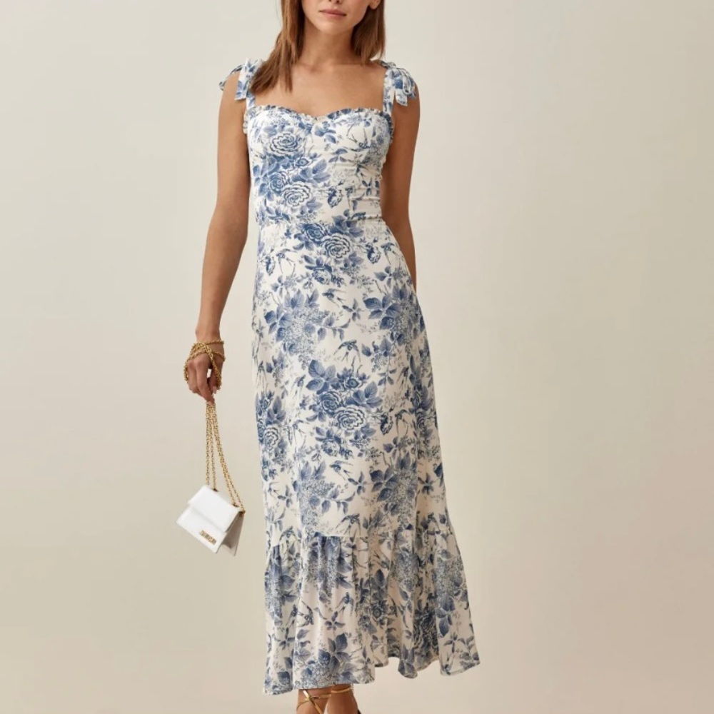 Reformation Blue and White Floral Wedding Dress